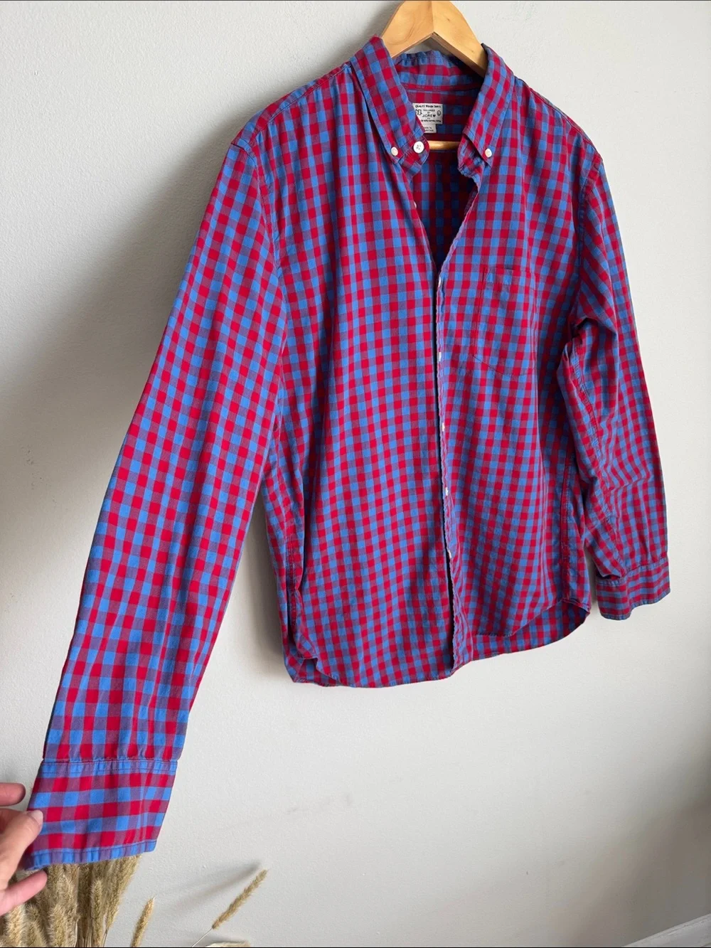J.Crew Tailored Gingham Check Button Down Shirt Red Blue 100% Cotton Size L